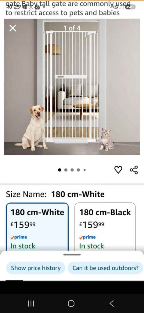 180cm tall cat/dog white metal gate 82cm wide pressure fit adjustable poles to the ceiling.
