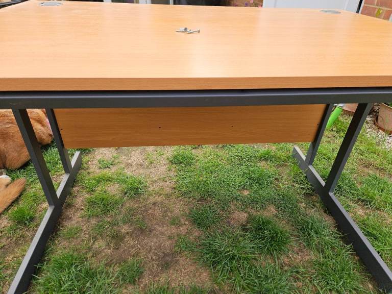 Large Wooden Desk with Metal Frame – Good Condition
