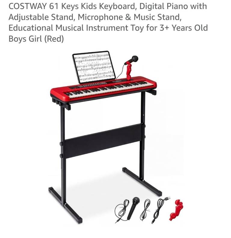 COSTWAY 61-Key Kids Digital Piano Keyboard with Adjustable Stand & Mic (Red)