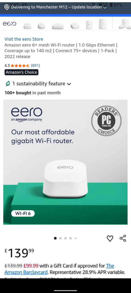 Eeero6+ WiFi booster, selling at £139 on Amazon
