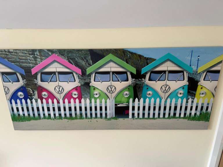 Colourful VW Camper Van Beach Huts Canvas Wall Art