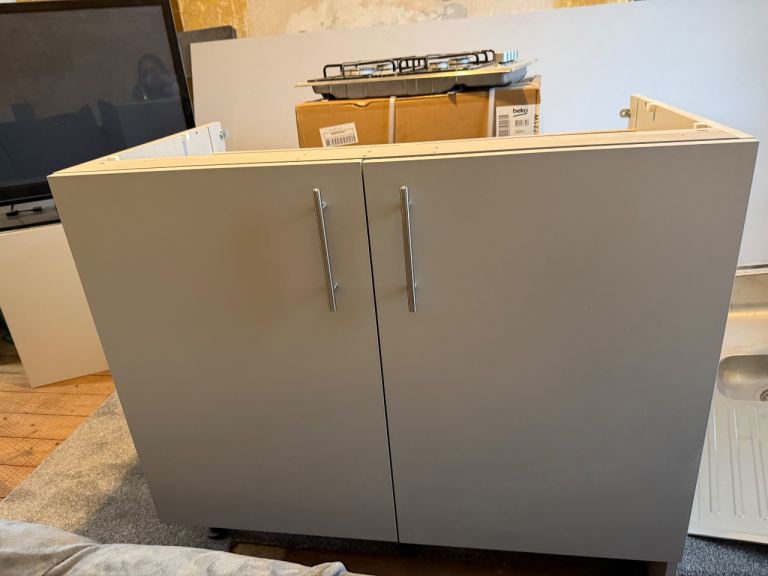 Kitchen base double unit light grey with handles 