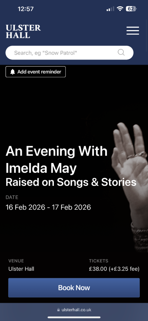 Seated tickets for Imelda May TONIGHT Ulster Hall