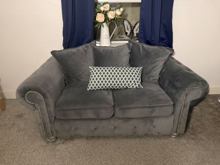 Chesterfield 3 and 2 seater sofas, Grey crushed velvet 
