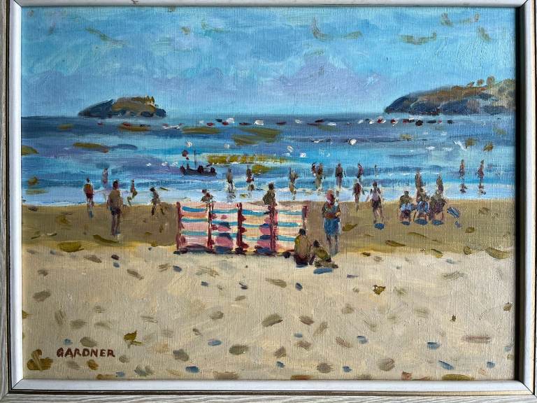 Large oil painting by Keith Gardner RCA, titled Abersoch, Sunny Windbreak
