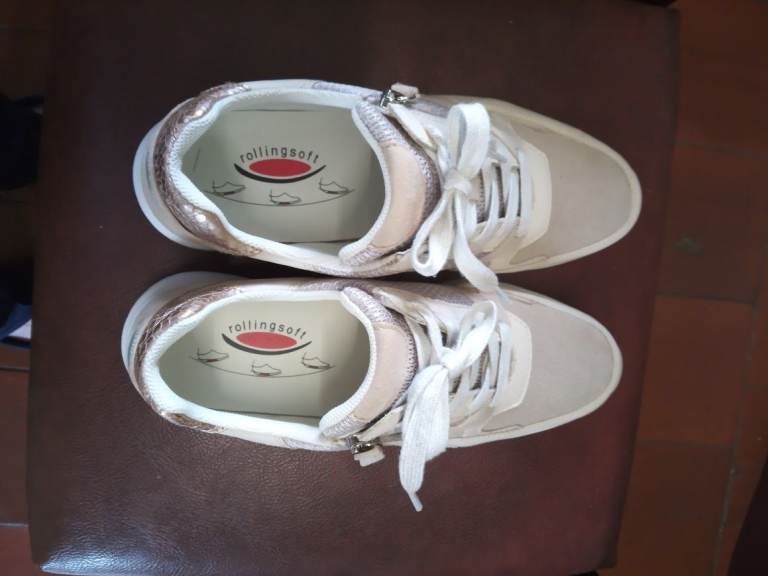 Gabor Rollingsoft White Trainers with Rose Gold Trim – Good Condition