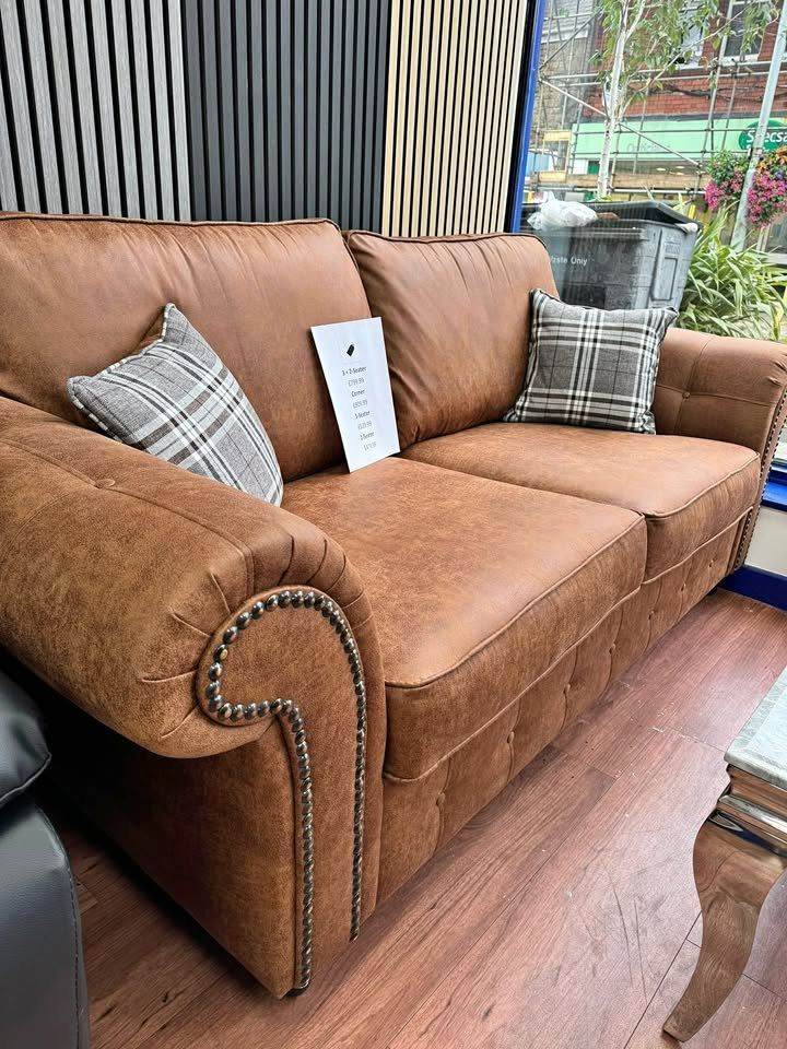 Brand New Oakland 3+2 Seater Leather Sofa Set | Brown Faux Leather Sofa Suite | Free UK Delivery