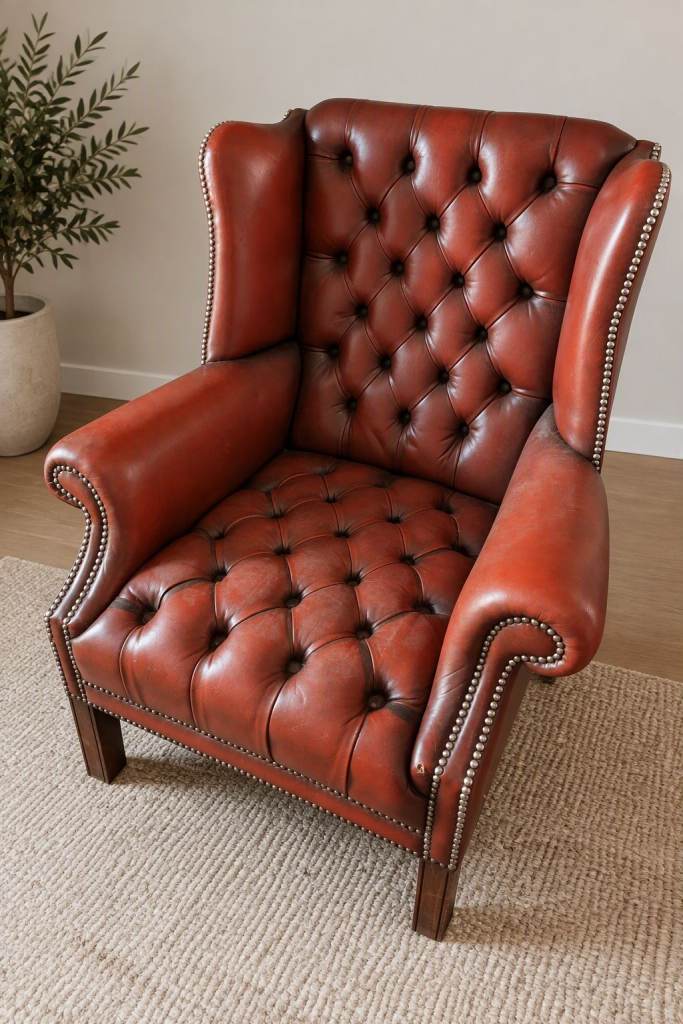 Chesterfield-style wingback leather armchair