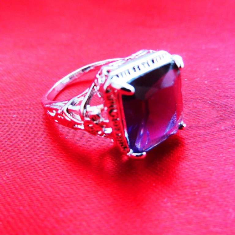 Beautiful Amethyst Silver Overlay Engraved Ring, Size - 9