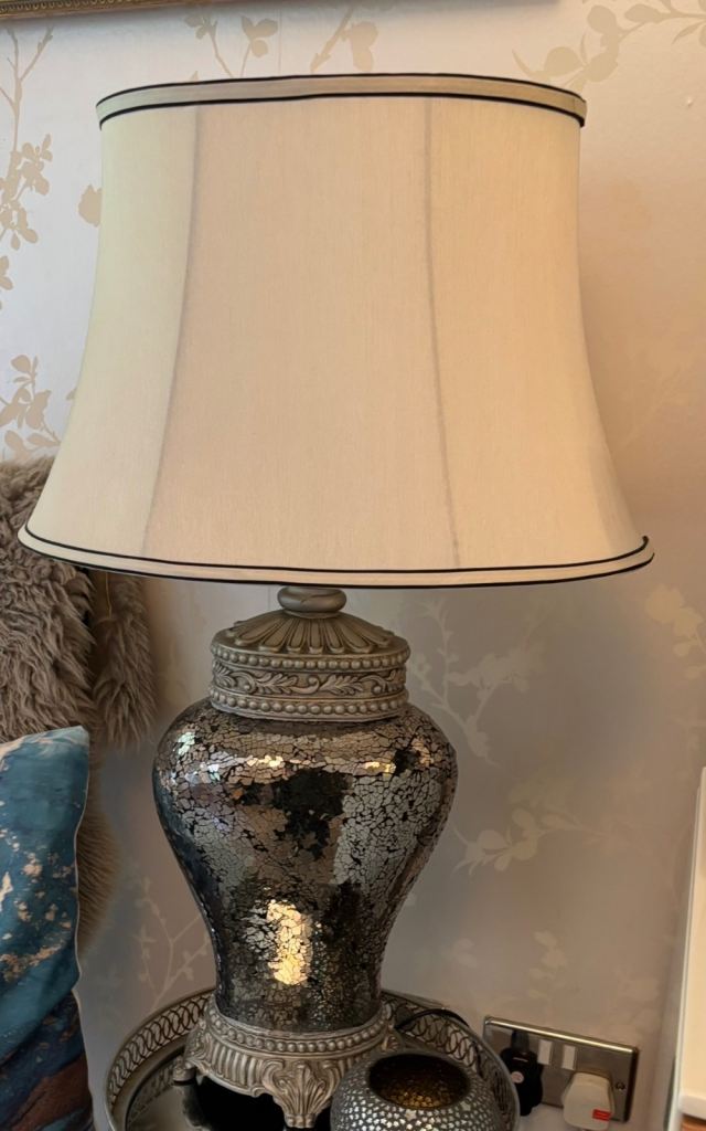Large Silver Base Table Lamp with Cream Shade – Good Condition