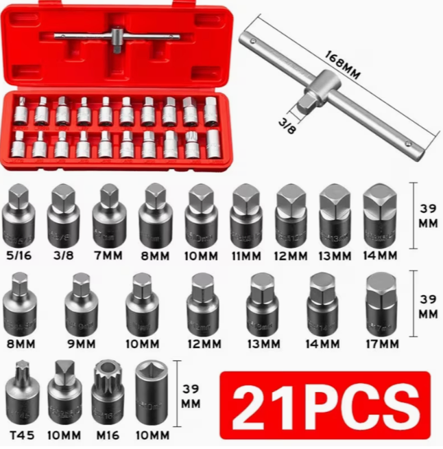 Complete 21pc Oil Drain Plug Key Socket Set with T Handle for Engine Gearbox
