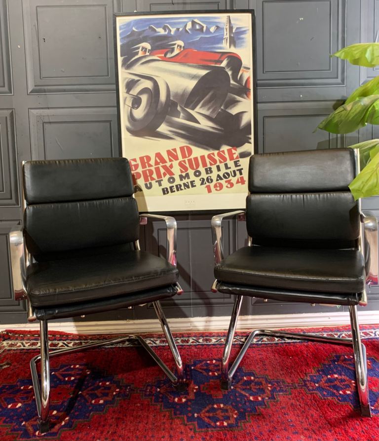 image for SOLD Pair of Vintage Black Leather & Chrome Cantilever Eames Bauhaus Style Desk Chairs