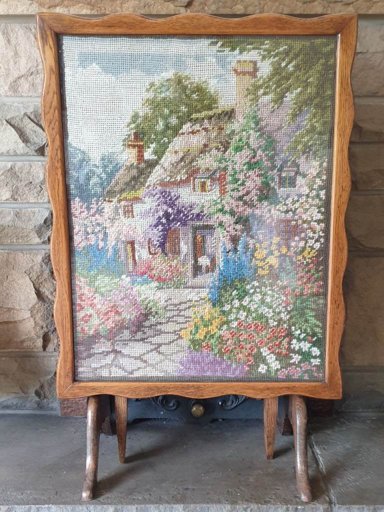 Vintage Wooden Framed Tapestry Fire Screen / Coffee Table