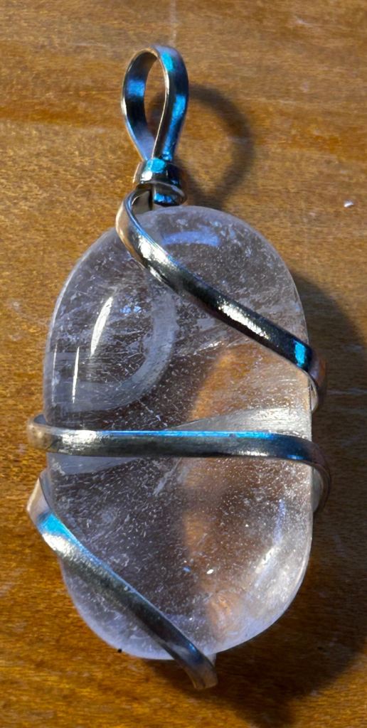 Clear Quartz metal wire wrapped Pendant Charm with Black Cord Necklace