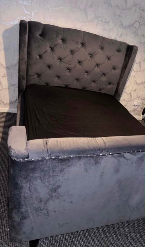 Grey Velvet Upholstered Bed Frame – Good Condition, no mattress included 