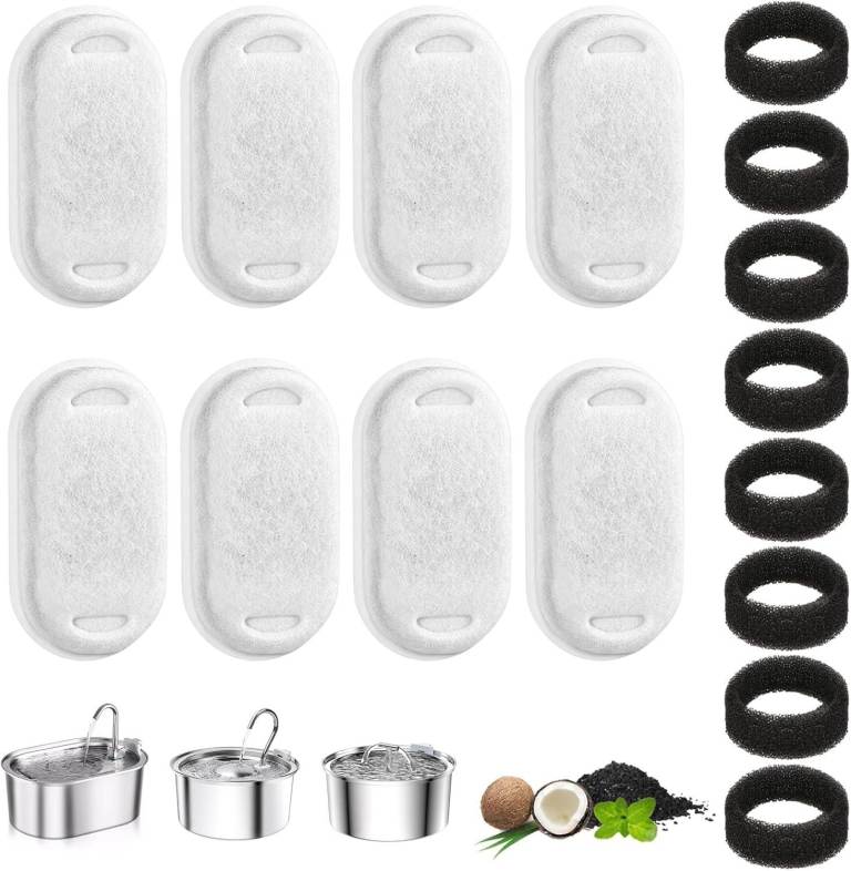 Maptrees 16PCS Cat Water Fountain Filters 8 Carbon Filters + 8 Foam Sponges