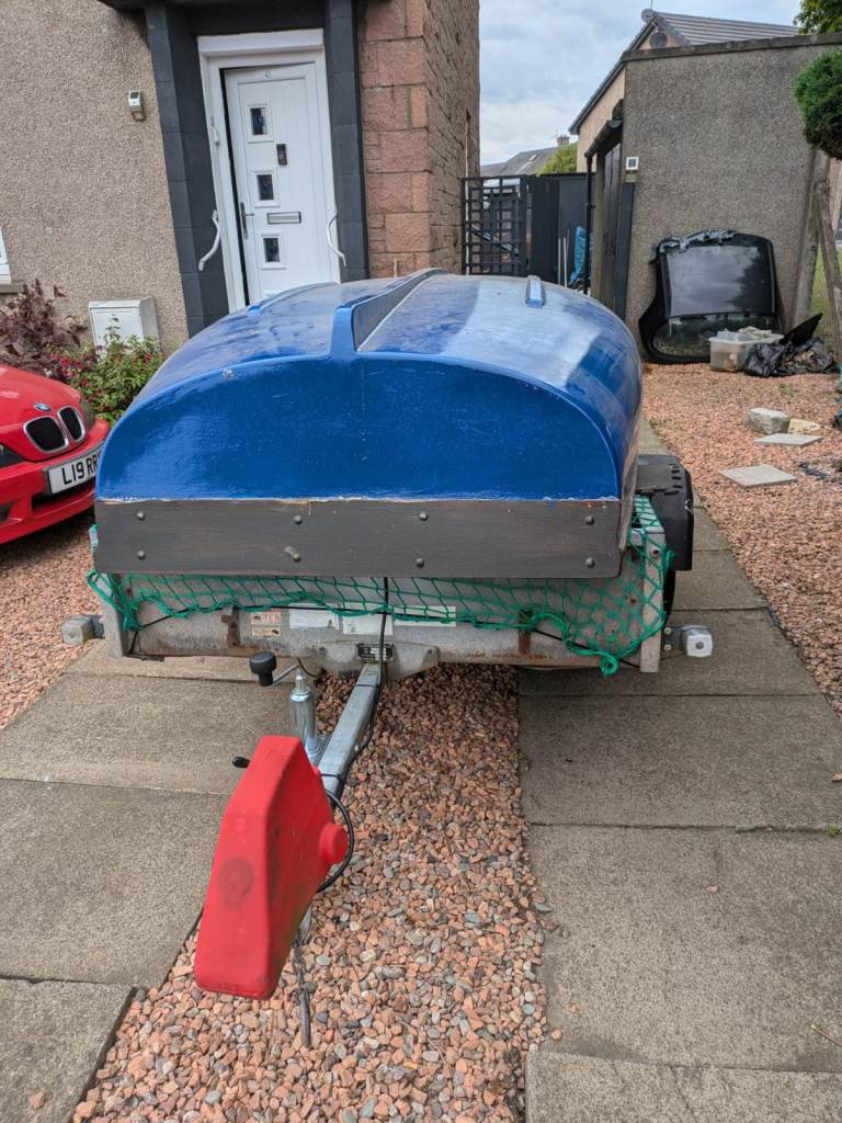 Blue Fibreglass Dinghy with Electric Outboard Motor – New