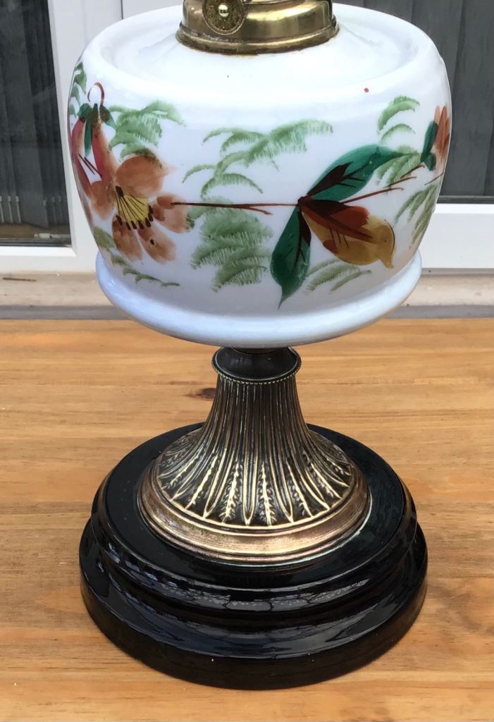  Antique Brass & Hand Painted Ceramic Single Burner Oil Lamp with Glass Funnel