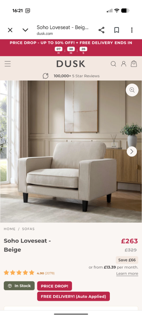 Dusk Soho Loveseat Armchair Beige