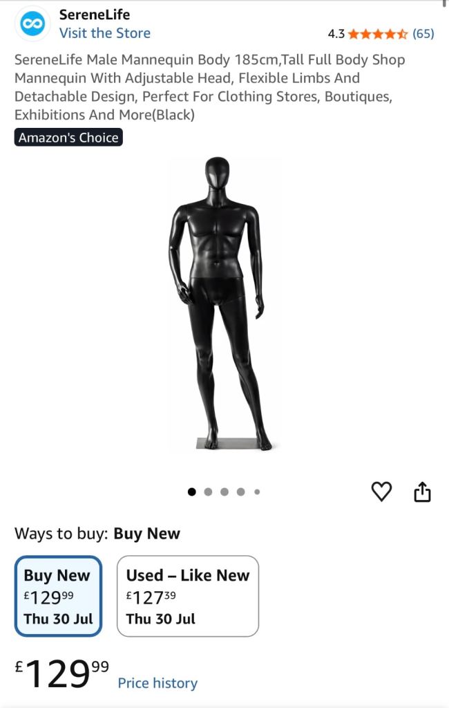 SereneLife Male Mannequin 185cm Tall – Black, Good Condition