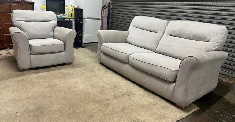 Light grey fabric 3 seater sofa and matching armchair 