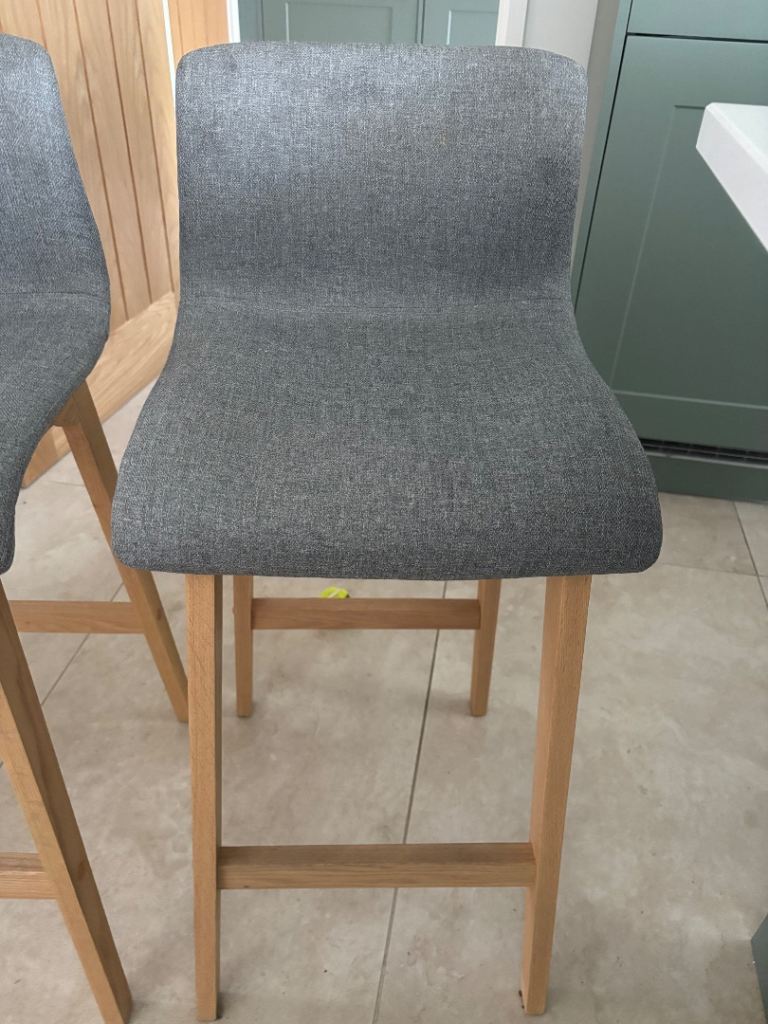Two Grey Fabric Bar Stools – Good Condition