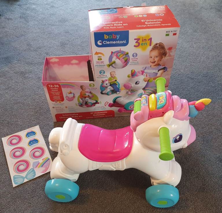 As New Baby Clementoni 3-in-1 Interactive Unicorn Ride On Rocking Kid's Children's Toy (RRP £39.99)
