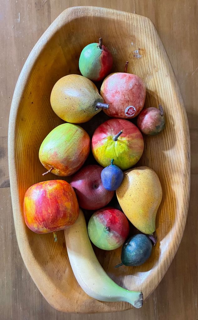 Hand made bowl, fruit are made of wood, resin, plastic 