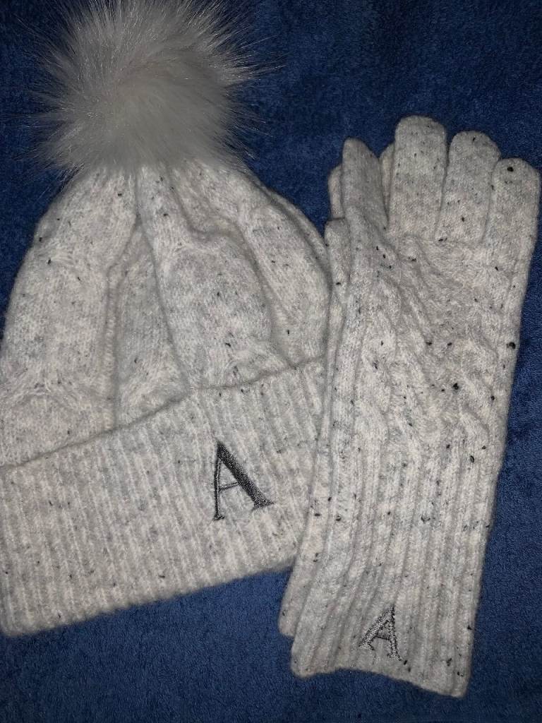 Ladies Initial A Grey Knitted Hat & Gloves Set IP1