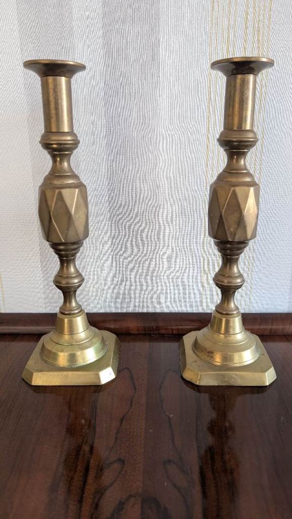 Pair of antique Queen of Diamonds solid brass candlestick holders