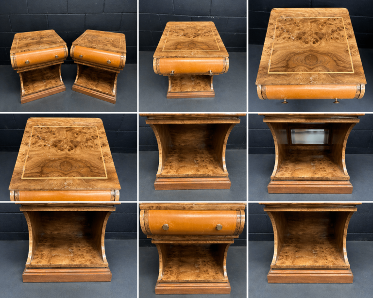 🌟 Stunning Pair of Art Deco Style Bedside Tables – Burl Wood & Leather 🌟