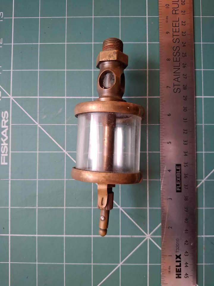 Brass and glass vintage adjustable drip feed oil lubricator