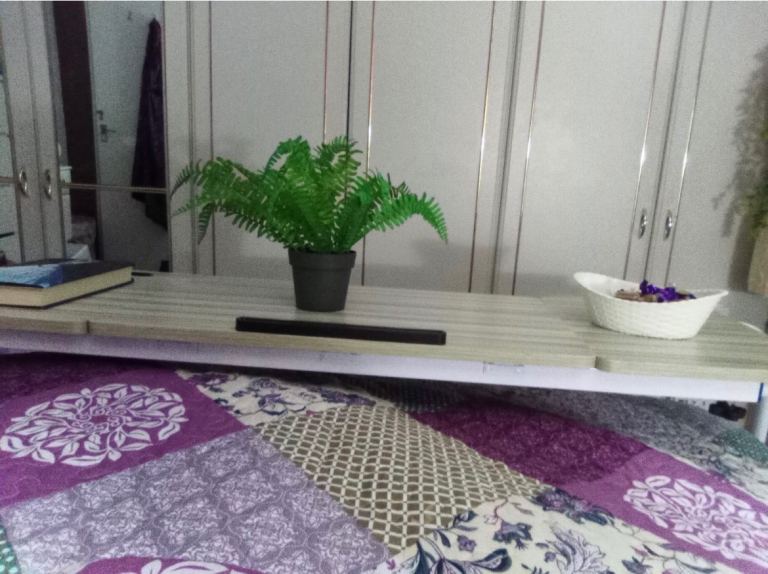 Bed Table adjustable different size beds, raises middle holds tablet or laptop, health mobility aid