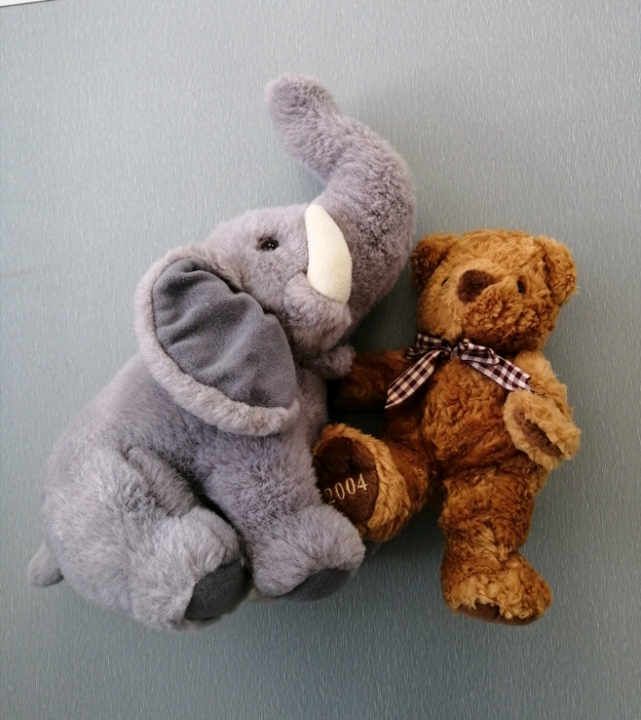 2 Soft Toys.  A Lilac Elephant & a Brown Bear. 