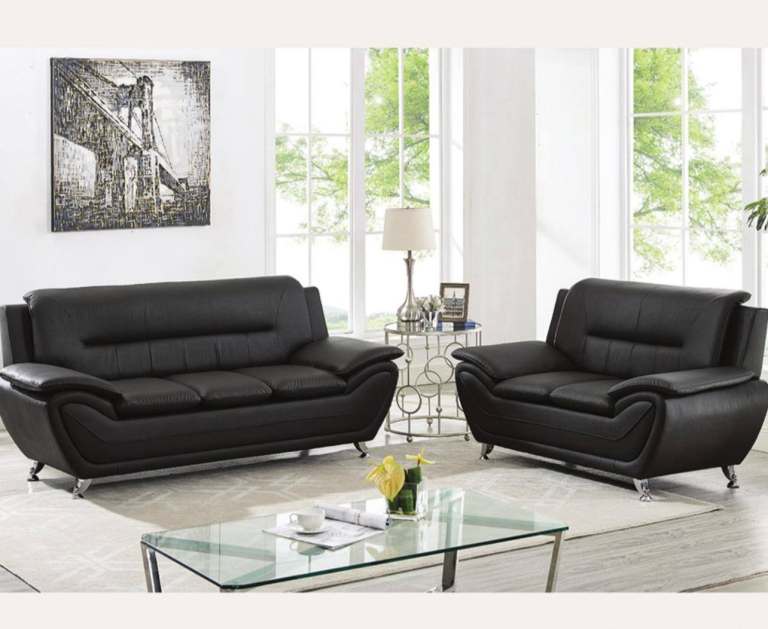 Black Leather 3-Seater Sofa and Armchair Suite - 2 seater leather sofa set BRAND NEW SAME DAY DELIVE