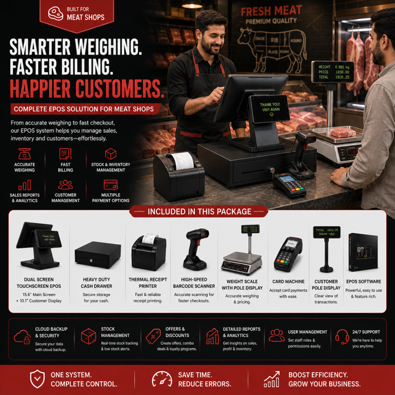 Complete EPOS System for Meat Shops - Dual Screen, Scanner, Scale, Printer