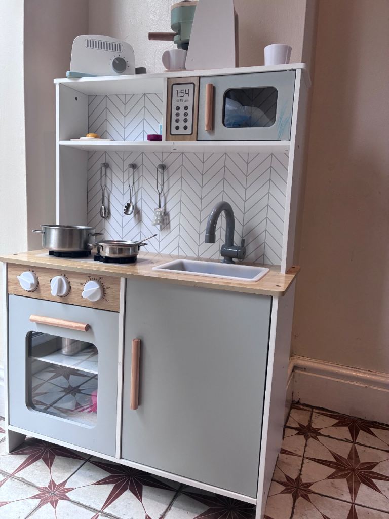 Kids Wooden Play Kitchen with Accessories – Good Condition