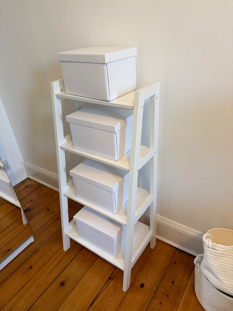 White Wooden 4-Tier Storage Shelf Unit – Good Condition