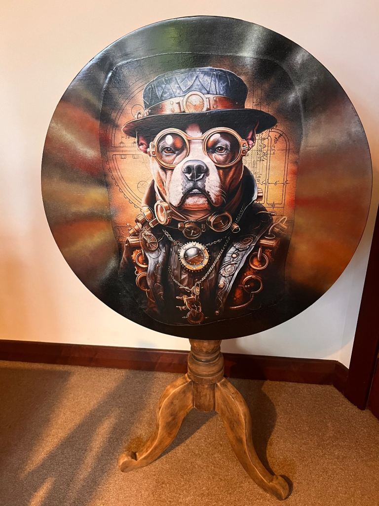 image for Steampunk Staffordshire bull terrier tilt top table Victorian three leg design 
