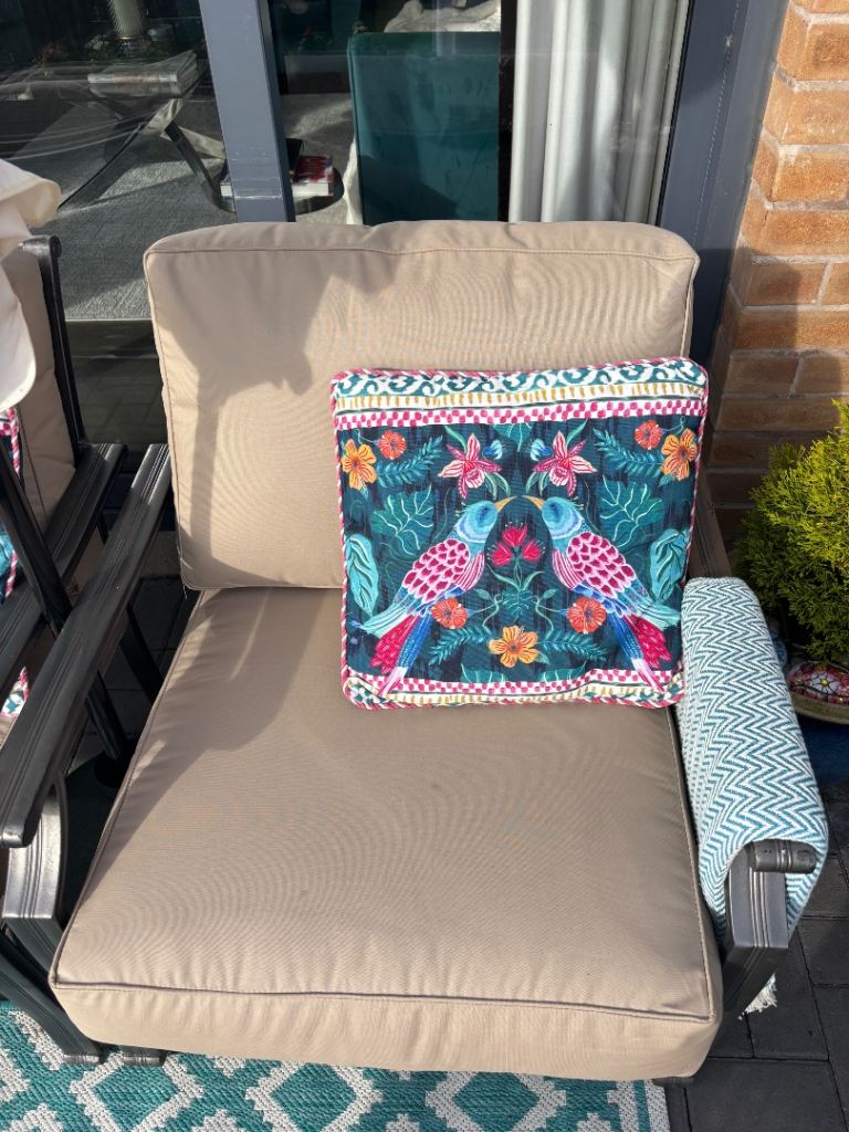 Garden seat cushions. Beige waterproof seat pads.