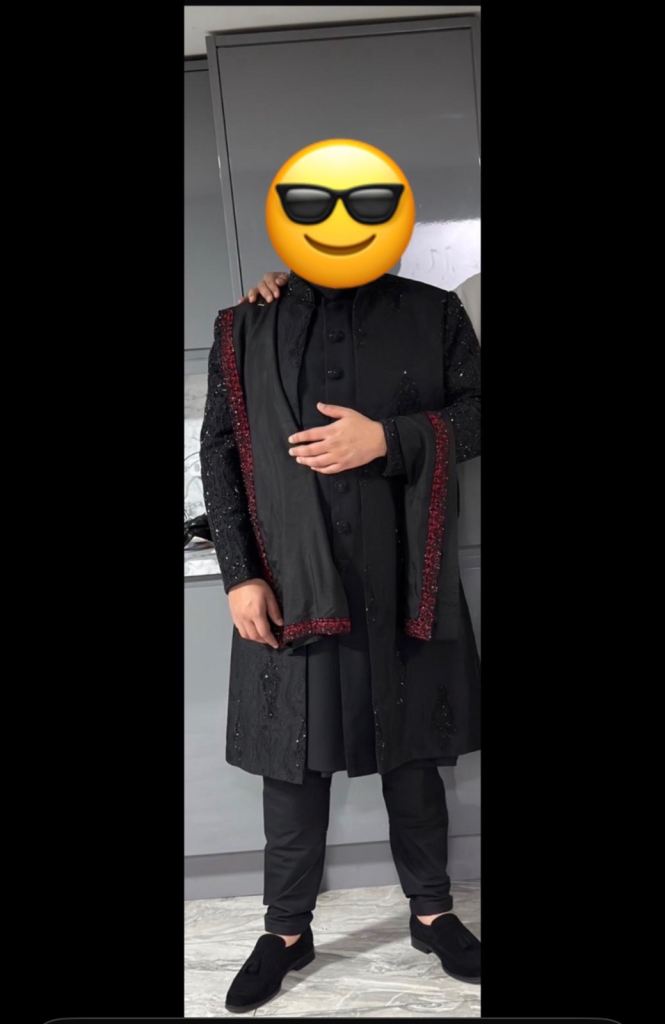 Men's Black Traditional Wear Suit with Red Detailing