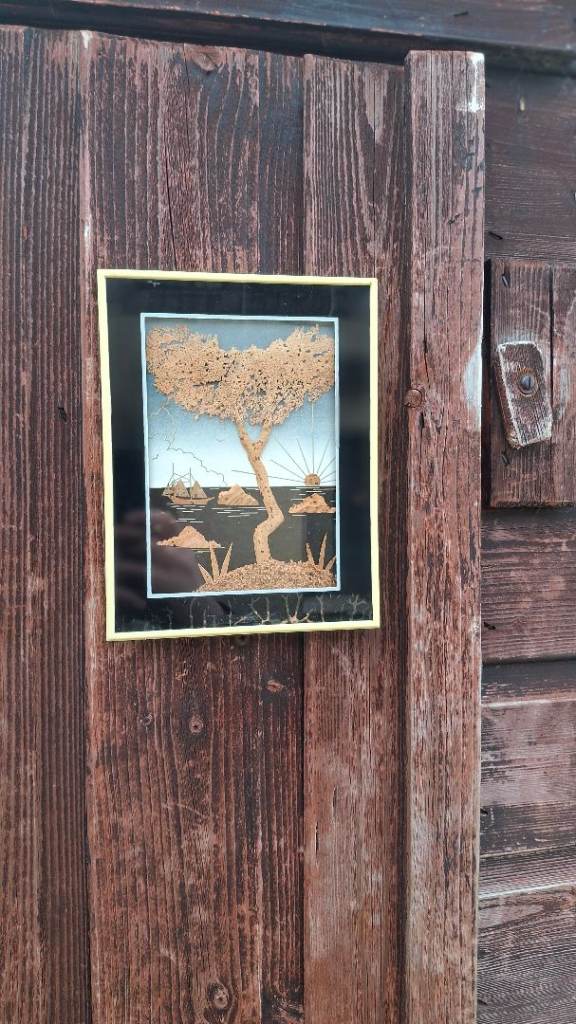 Framed Oriental Wood, Paper & Cork Seascape Picture in a Shadow Box 