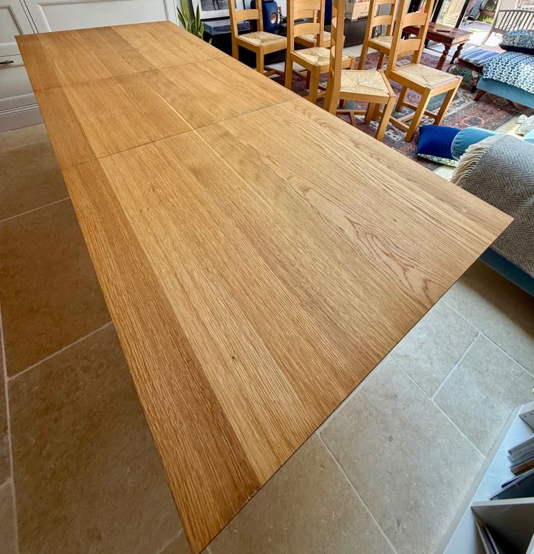 Solid Oak Extending Dining Table + 6 Beech Ladderback Rush Seat Chairs — French Farmhouse Style
