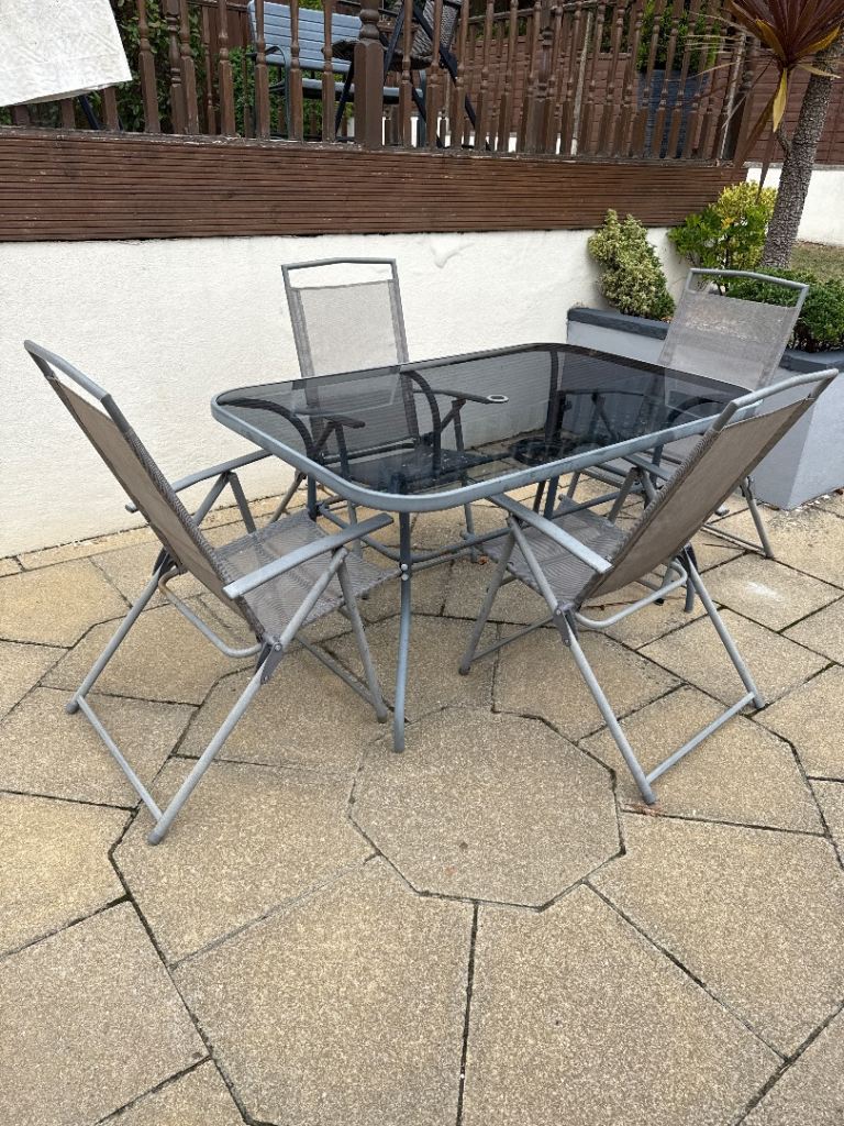 Garden Patio Table and 6 Chairs Set – Grey Metal & Glass