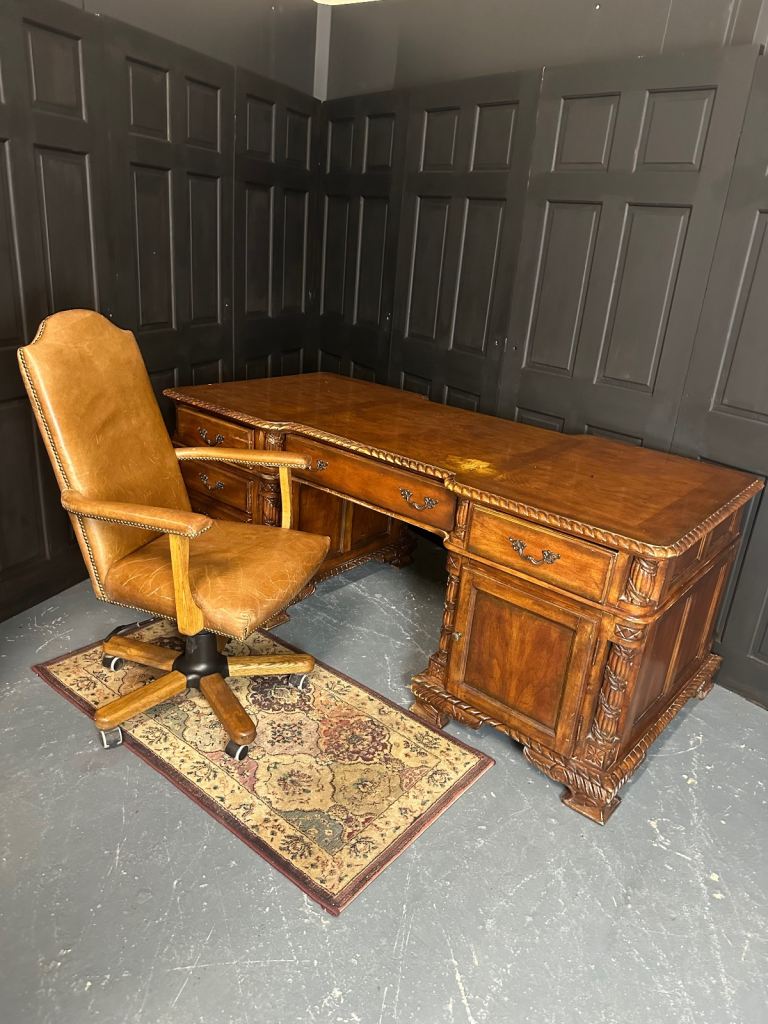 image for Huge Wooden Carved Desk and Leather Office Chair 