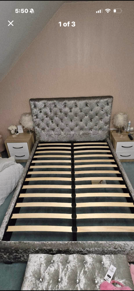 Silver Crushed Velvet Double Bed and Silver Cushed Velvet Sofa with Cushions