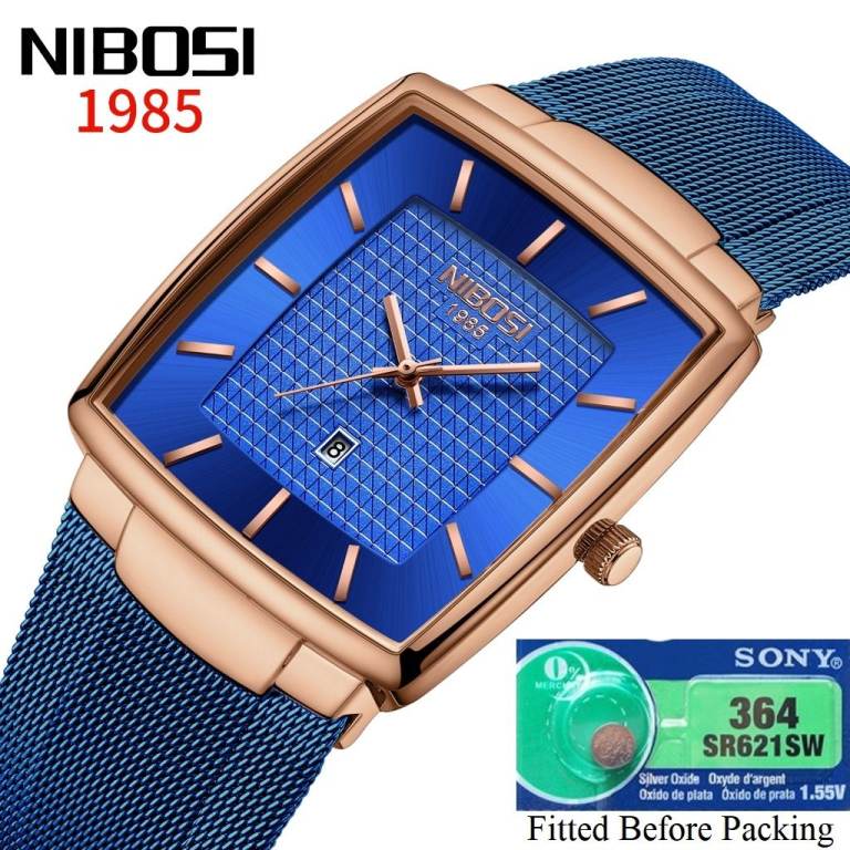 Gents Blue Face Gold Case Blue Stainless Steel Milanese Strap Watch Boxed