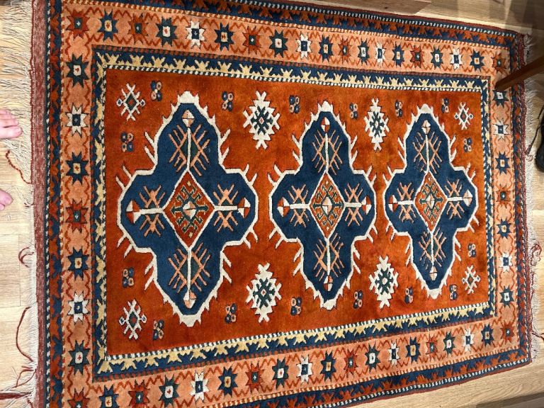 Traditional Wool Rug - Orange, Blue & Cream Pattern