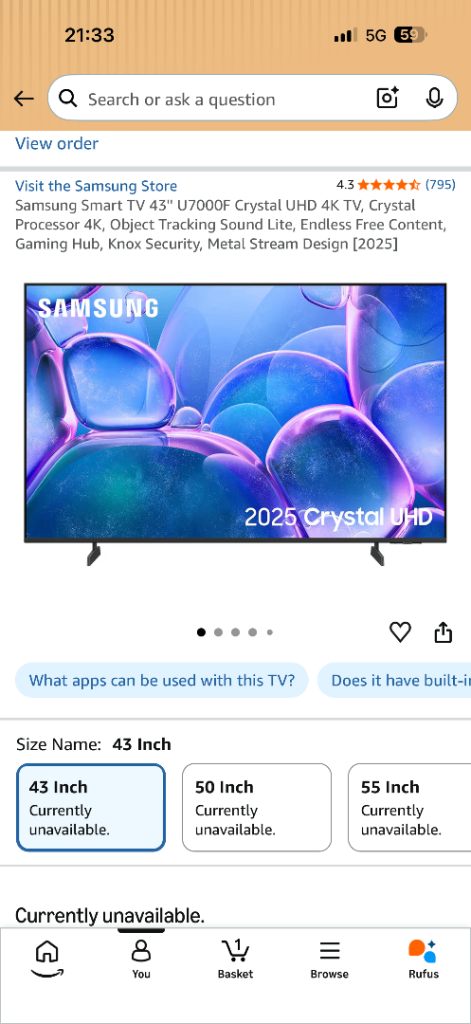 Samsung 43" U7000F Crystal UHD 4K Smart TV