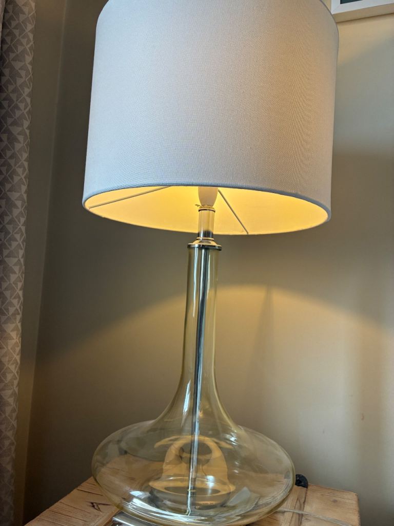 Large Clear Glass Table Lamp with White Shade x 2